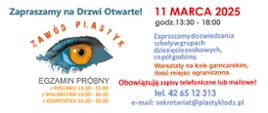 Wielobarwna plansza informująca o Drzwiach Otwartych: 11 marca 2025 w godz. 13.30-18:00. W lewym górnym rogu dane teleadresowe szkoły. Centralnie "OKO" i napis ZAWÓD PLASTYK. Poniżej informacja o terminach egzaminów próbnych
