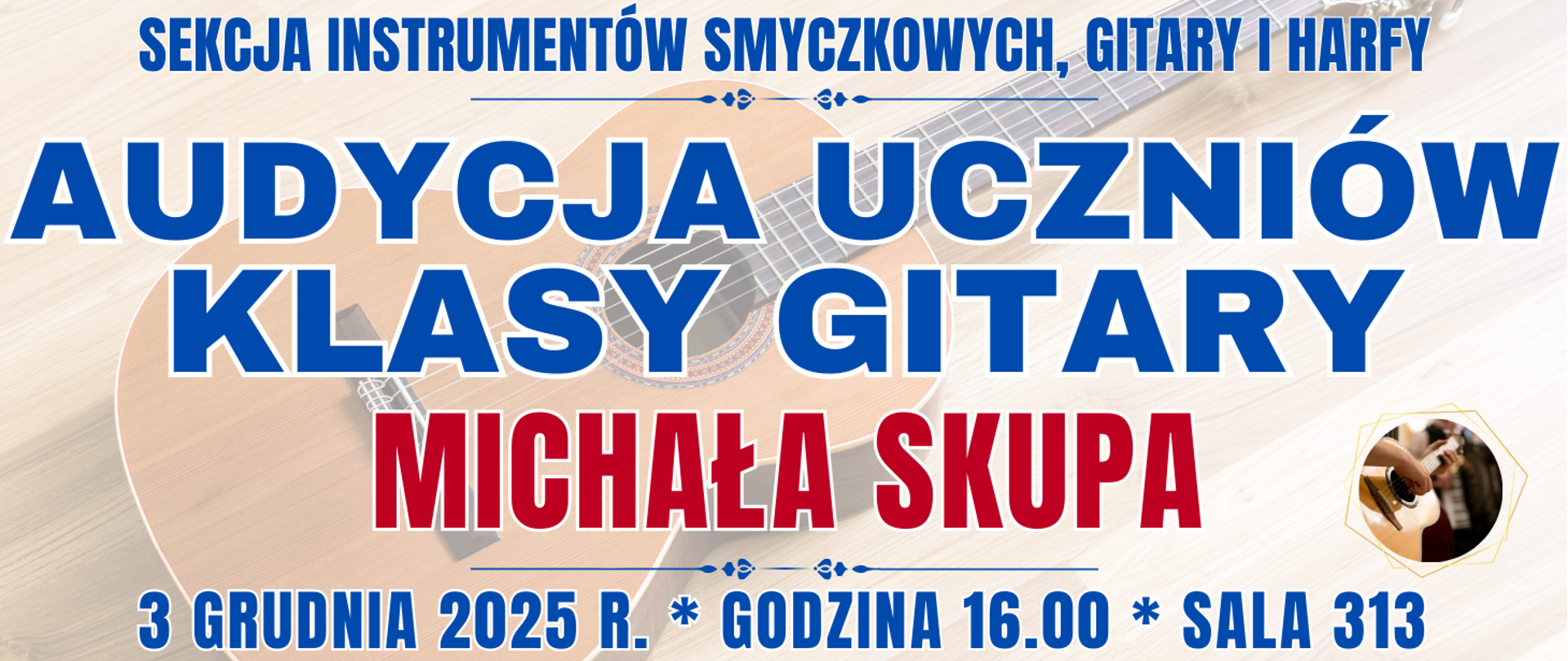 baner w tle półprzezroczysta gitara po prawej zdjęcie osoby grającej na gitarze oraz informacja o wydarzeniu