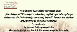 Na żółtym tle u doły symbol klawiatury, powyżej informacje dotyczące warsztatów, w lewym górnym rogu logotyp Centrum Edukacji Artystycznej 