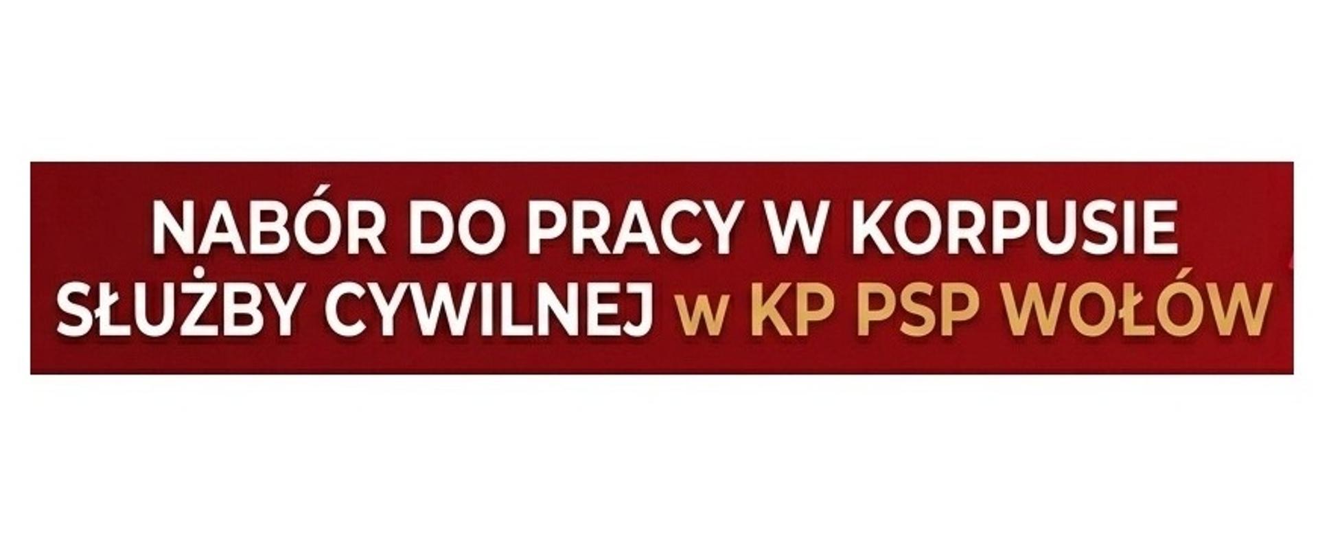 Grafika w kształcie poziomego, czerwonego prostokąta, na którym umieszczono trójwierszowy napis dużymi literami. Pierwsze dwa wiersze są w kolorze białym i brzmią: „NABÓR DO PRACY W KORPUSIE SŁUŻBY CYWILNEJ”. Trzeci wiersz, napisany mniejszą czcionką w kolorze złoto-beżowym, uzupełnia treść o słowa: „w KP PSP WOŁÓW”. Wszystkie litery posiadają delikatny, ciemny cień, dający efekt trójwymiarowości.