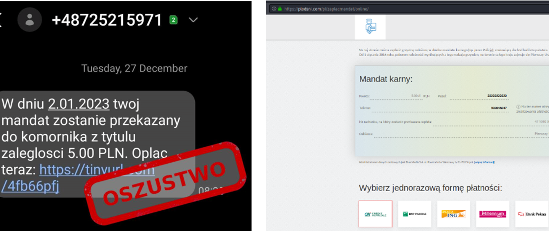 Zdjęcie fałszywego sms o treści: W dniu 02.02.2023 mandat zostanie przekazany do komornika z tytułu zaległości 5.00. Opłać teraz: https://tinyurl.com
