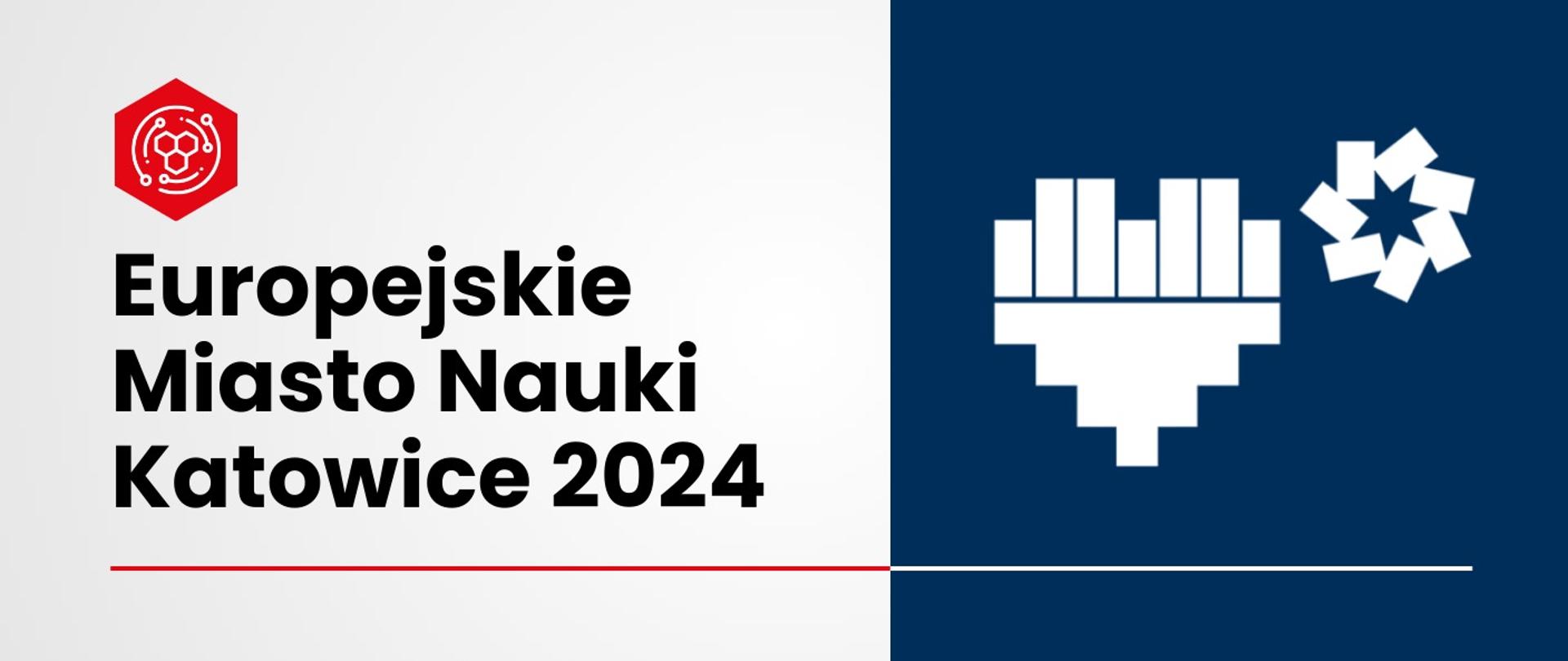 Grafika - na biało-niebieskim tle napis Europejskie Miasto Nauki - Katowice 2024.