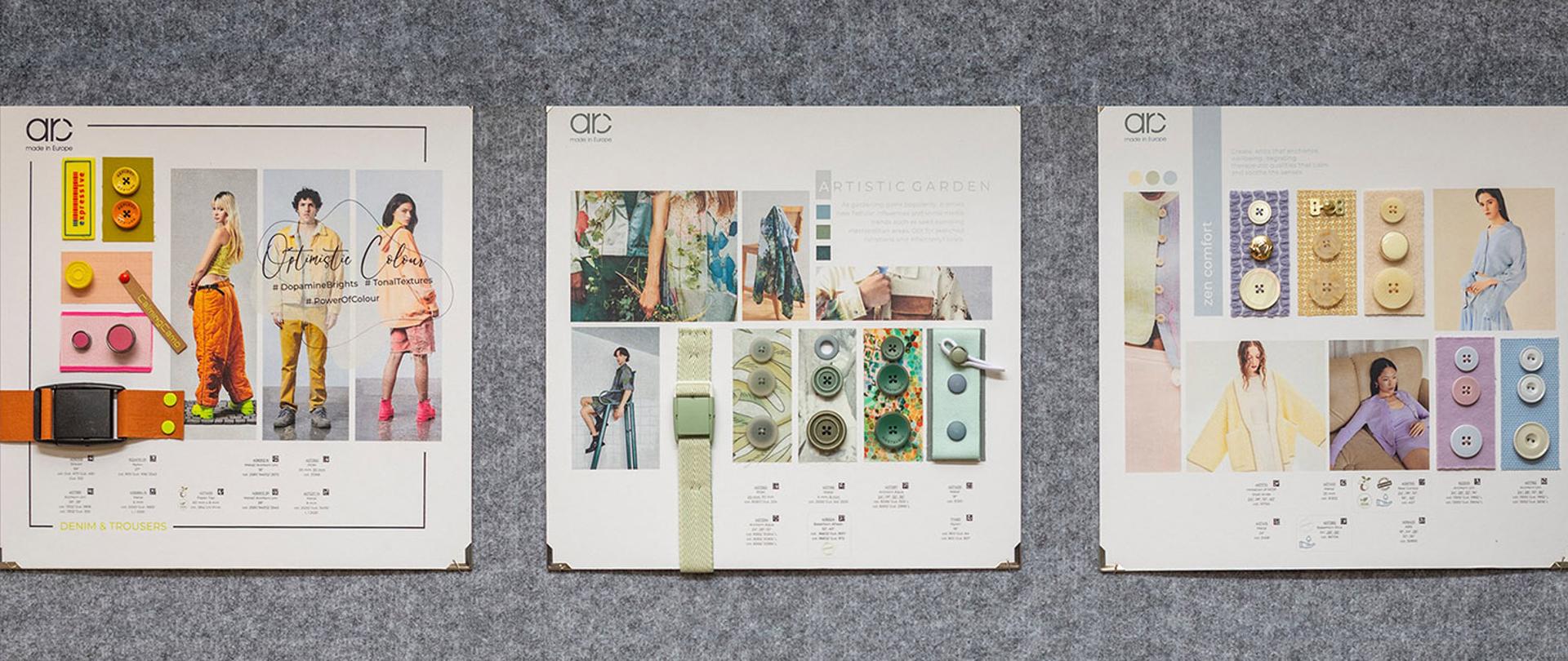 Obraz przedstawia trzy kolejne arkusze trendów, ułożone poziomo obok siebie na szarym tle. Każdy z nich prezentuje inną estetykę i dobór akcesoriów krawieckich: