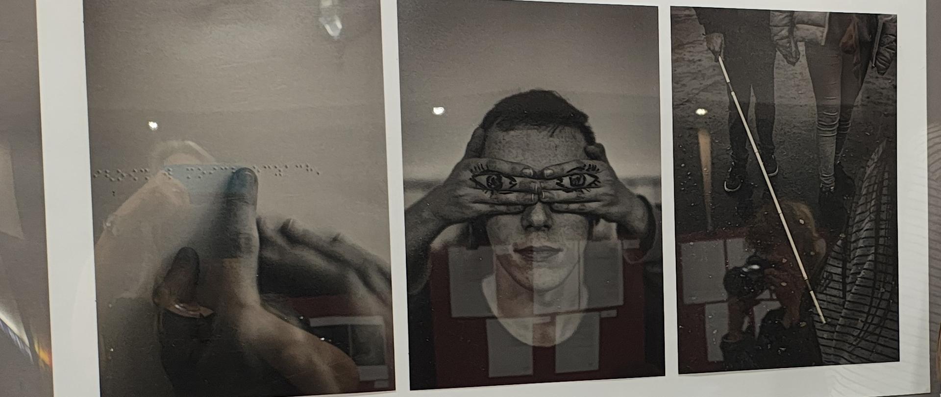 Praca fotograficzna składająca się z trzech elementów: dłonie czytające pismo Brailla, dłonie z narysowanymi oczami zasłaniające oczy chłopaka i dwie osoby idące w tym jedna z laską dla niewidomych.