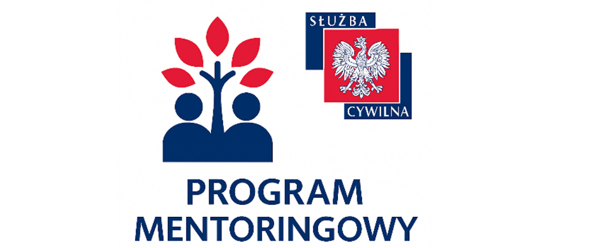 Napis Program mentoringowy a nad nim: logo programu: dwoje ludzi pod czerwonym drzewem oraz logo służby cywilnej