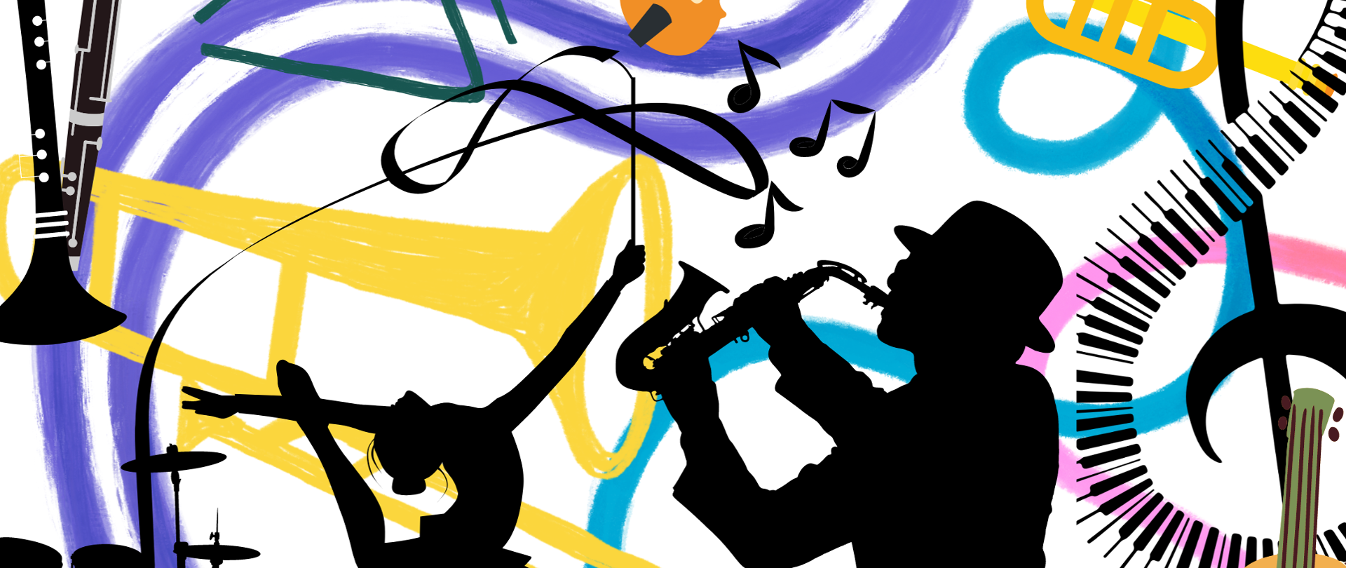 Plakat biały z kolorowymi wstążkami, instrumentami i czarnymi postaciami tańczącymi i grającymi.