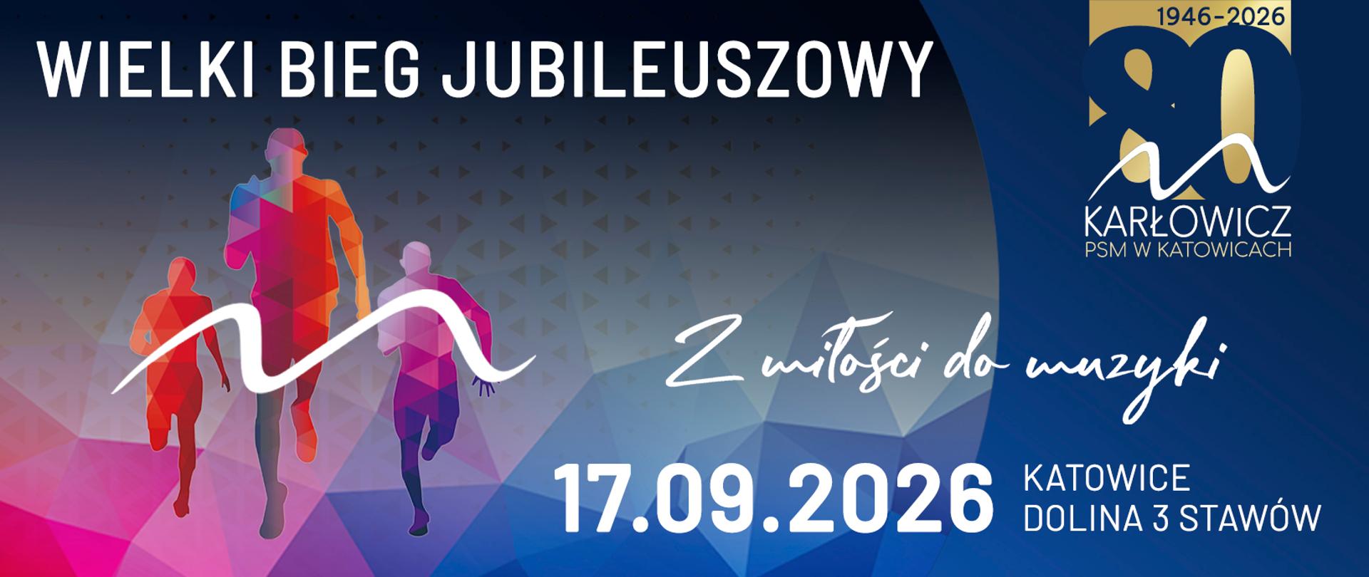 Baner informujący o wydarzeniu „Wielki Bieg Jubileuszowy – Z miłości do muzyki”, które odbędzie się 17.09.2026 r. w Dolinie Trzech Stawów w Katowicach. Na grafice znajdują się sylwetki biegaczy oraz logotyp 80-lecia Państwowej Szkoły Muzycznej im. M. Karłowicza w Katowicach.