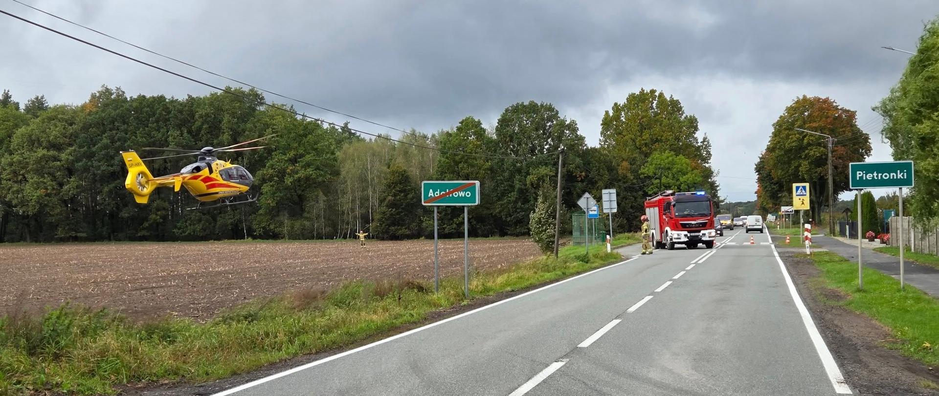 Zdjęcie przedstawia strażaków podczas zdarzenia drogowego.
W tle samochody strażackie, ambulans, droga i tereny zielone.

