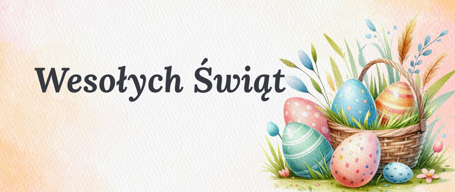 Na jasnym pastelowo pomarańczowym tle widnieje napis Wesołych Świąt. Całość ozdobiona w prawym dolnym roku koszyczkiem wielkanocnym z kolorowymi pisankami.