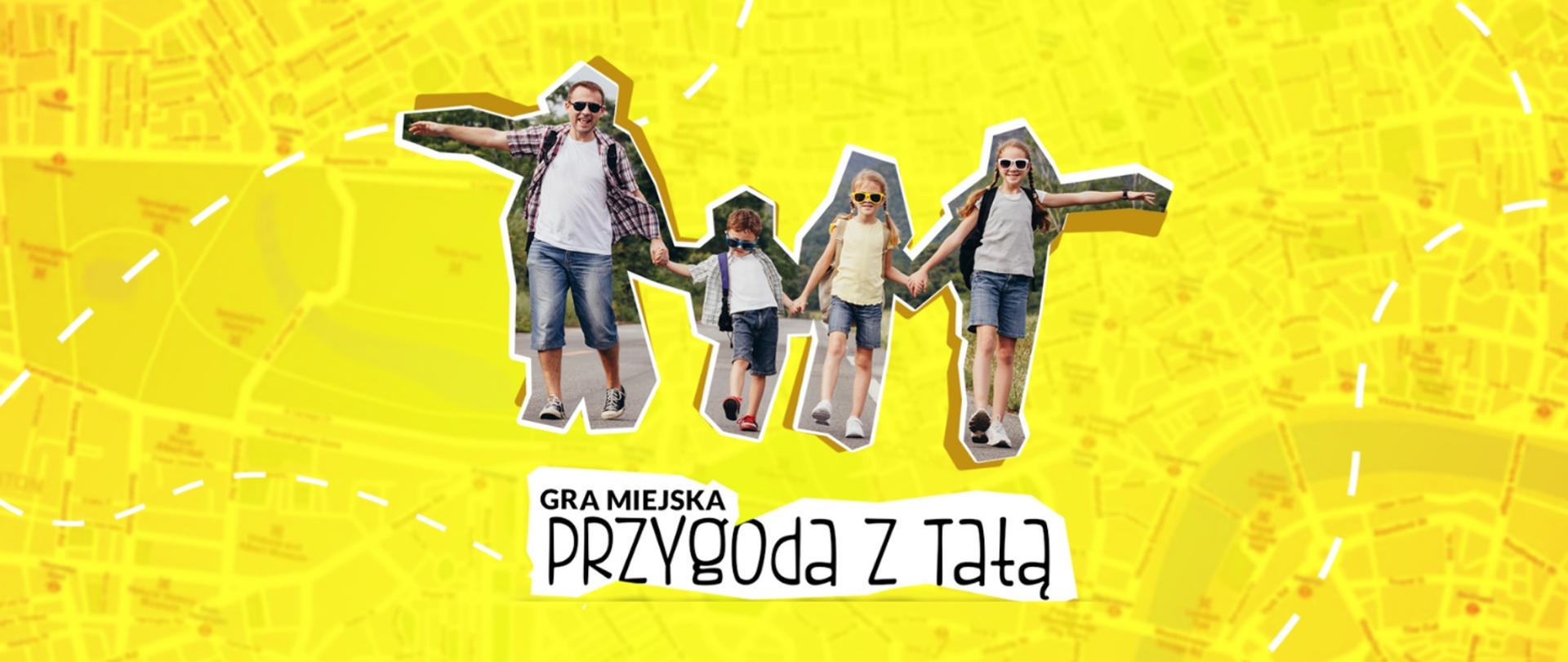 Grafika. Na żółtym tle znajduje się 4osobowa rodzina. Ojciec trzyma za rękę trójkę dzieci. Idą ulicą. 