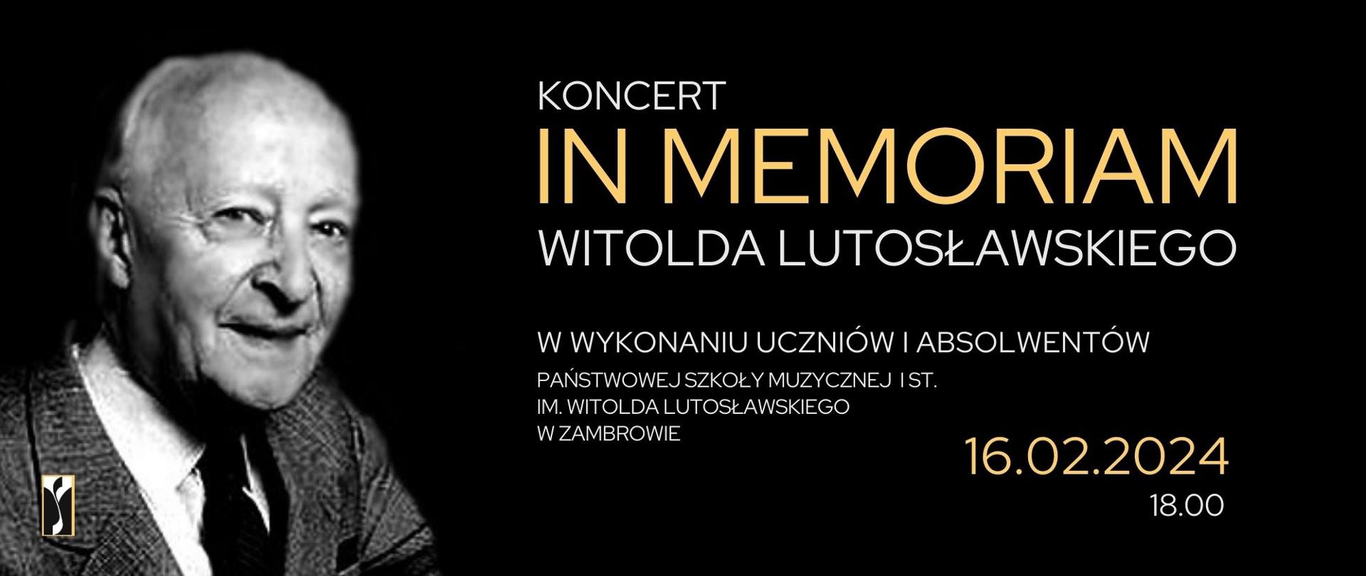 Na poziomym, czarnym tle po lewej stronie jest sylwetka Witolda Lutosławskiego. Od środka do prawego końca plakatu jest opis wydarzenia czcionką drukowaną. Od góry - nazwa koncertu, infornacja o wykonawcach i miejsce wydarzenia. w prawym dolnym roku data i godzina koncertu