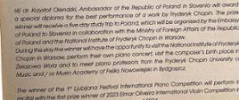 Nagroda specjalna Ambasadora RP w Słowenii Krzysztofa Olendzkiego za najlepsze wykonanie utworów Fryderyka Chopina podczas I Międzynarodowego Konkursu Pianistycznego w Lublanie