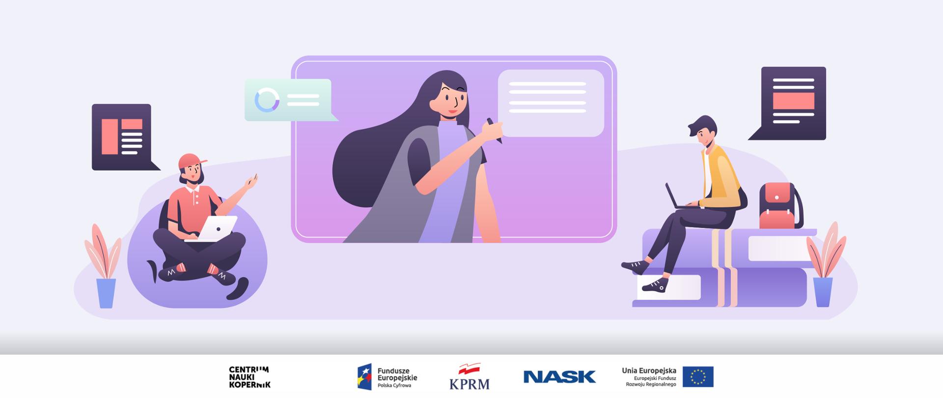 Grafika wektorowa utrzymana w fioletowej kolorystyce. Na środku, na ekranie, młoda notująca kobieta. Po jej lewej i prawej stronie młodzi mężczyźni z laptopami na kolanach. 