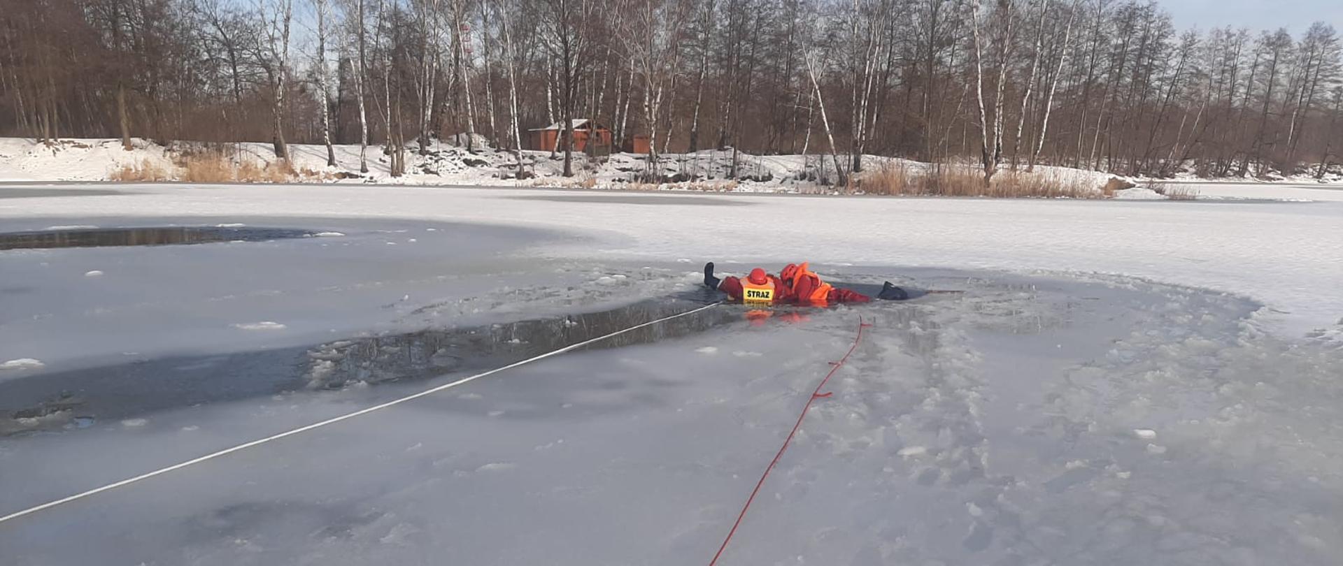 Strażacy w wodzie w przeręblu przypięci linkami 