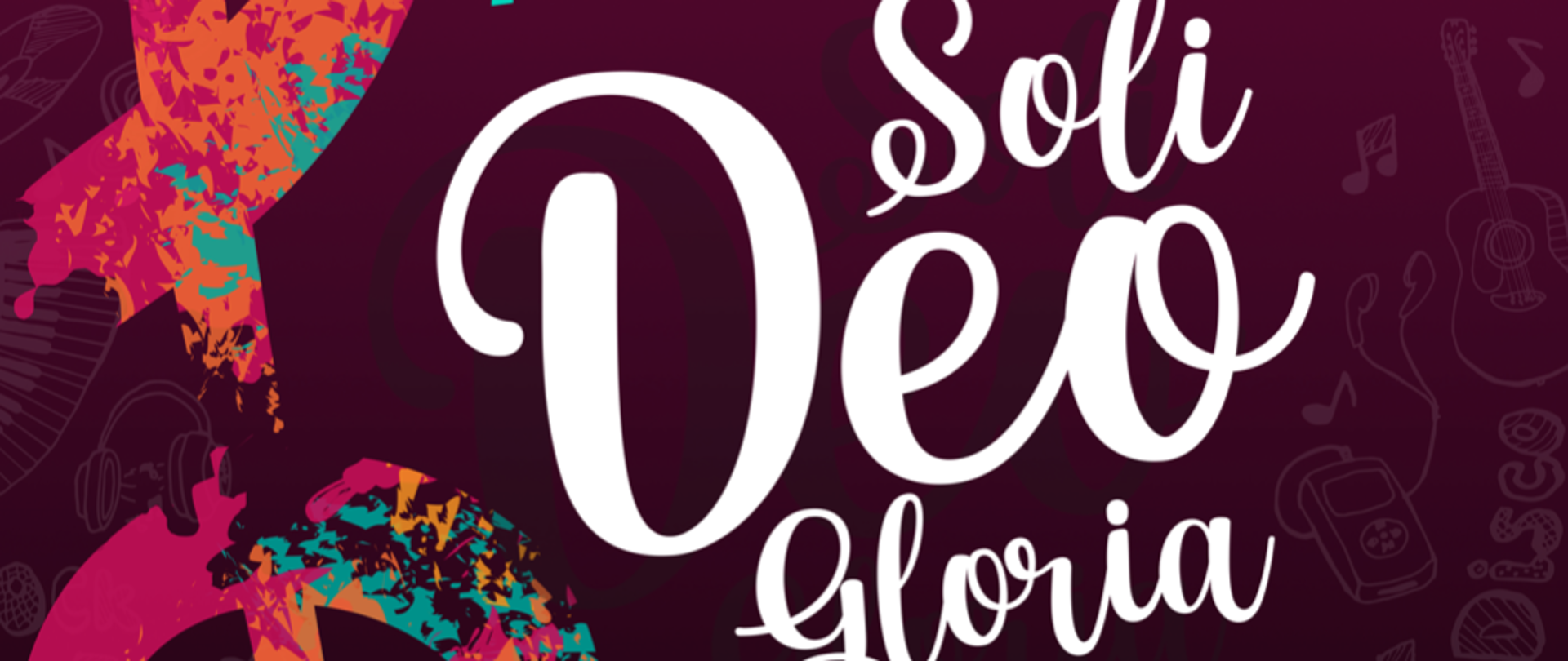 Wielokolorowy plakat koncertu "Soli Deo Gloria", po lewej motyw klucza wiolinowego, na środku, po prawej i na dole informacje dotyczące koncertu, całość utrzymana w odcieniach ciemnej czerwieni i różu