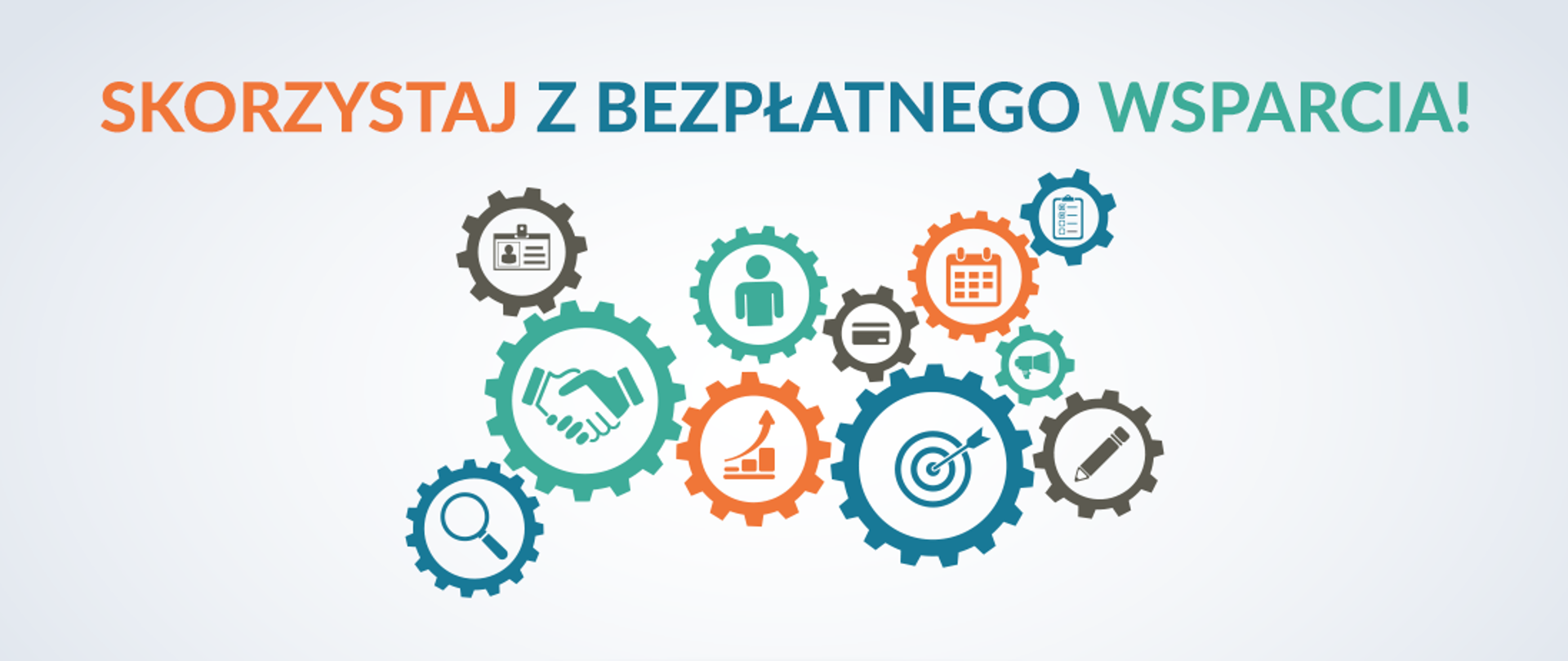 baner o treści: "Skorzystaj z bezpłatnego Wsparcia!" przedstawiający ikony biznesowe wewnątrz kół zębatych