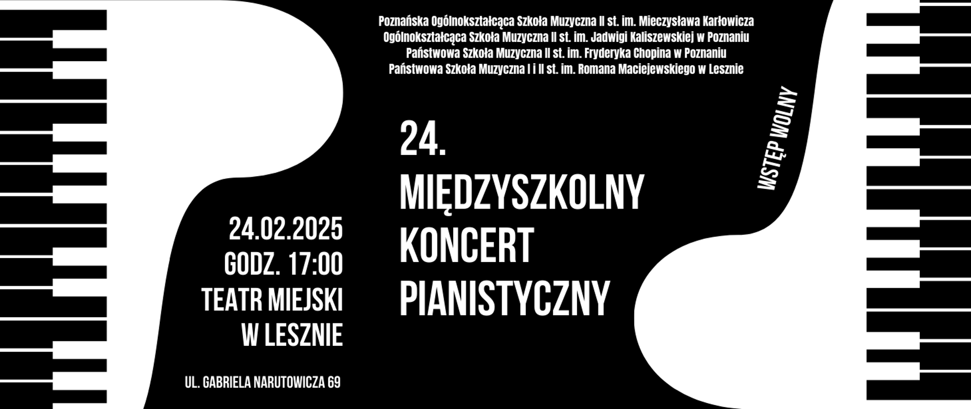 plakat 24 międzyszkolny koncert pianistyczny czarno biała grafika z klawiaturą