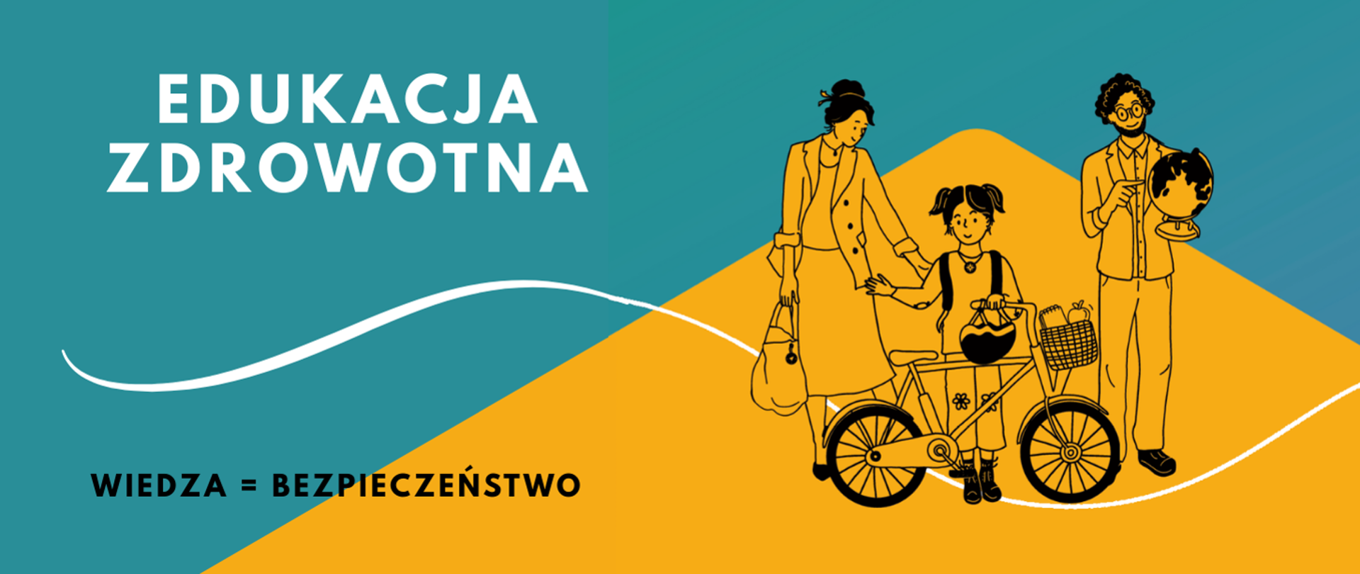 Na tle w kolorze morsko-pomarańczowym widnieje napis „EDUKACJA ZDROWOTNA” oraz hasło „WIEDZA = BEZPIECZEŃSTWO”. Obok znajdują się ilustracje kobiety, dziecka z rowerem i koszem zakupów oraz mężczyzny trzymającego globus.