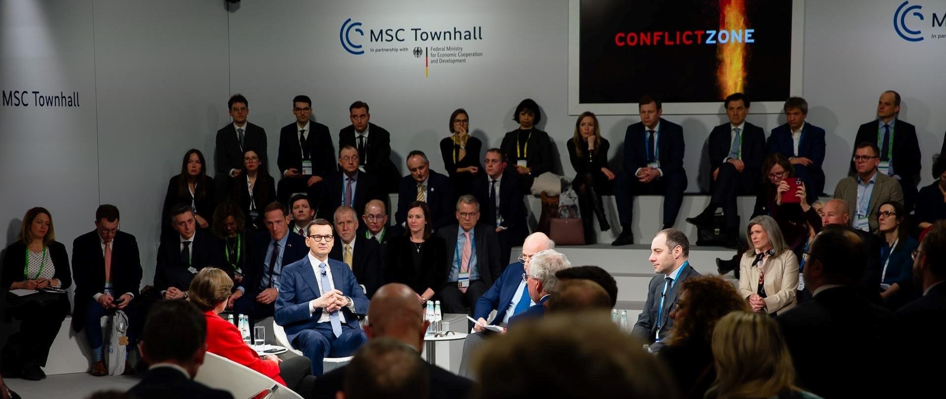 Premier Mateusz Morawiecki podczas 59. Monachijskiej Konferencji Bezpieczeństwa w trakcie debaty Conflict Zone Townhall „Spotlight”.