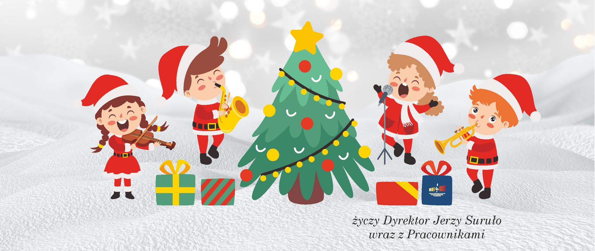 Plakat na szarym tle z grafiką gwiazdek i śniegu tekst: Niech magiczna moc wigilijnego wieczoru przyniesie wam spokój i radość a Nowy Rok obdarowuje Was pomyślnością, szczęściem i spełnieniem najskrytszych marzeń. Niżej kolorowe postacie elfokrasnoludków grających na instrumentach i choinka i napis: życzy Dyrektor Jerzy Suruło wraz z pracownikami