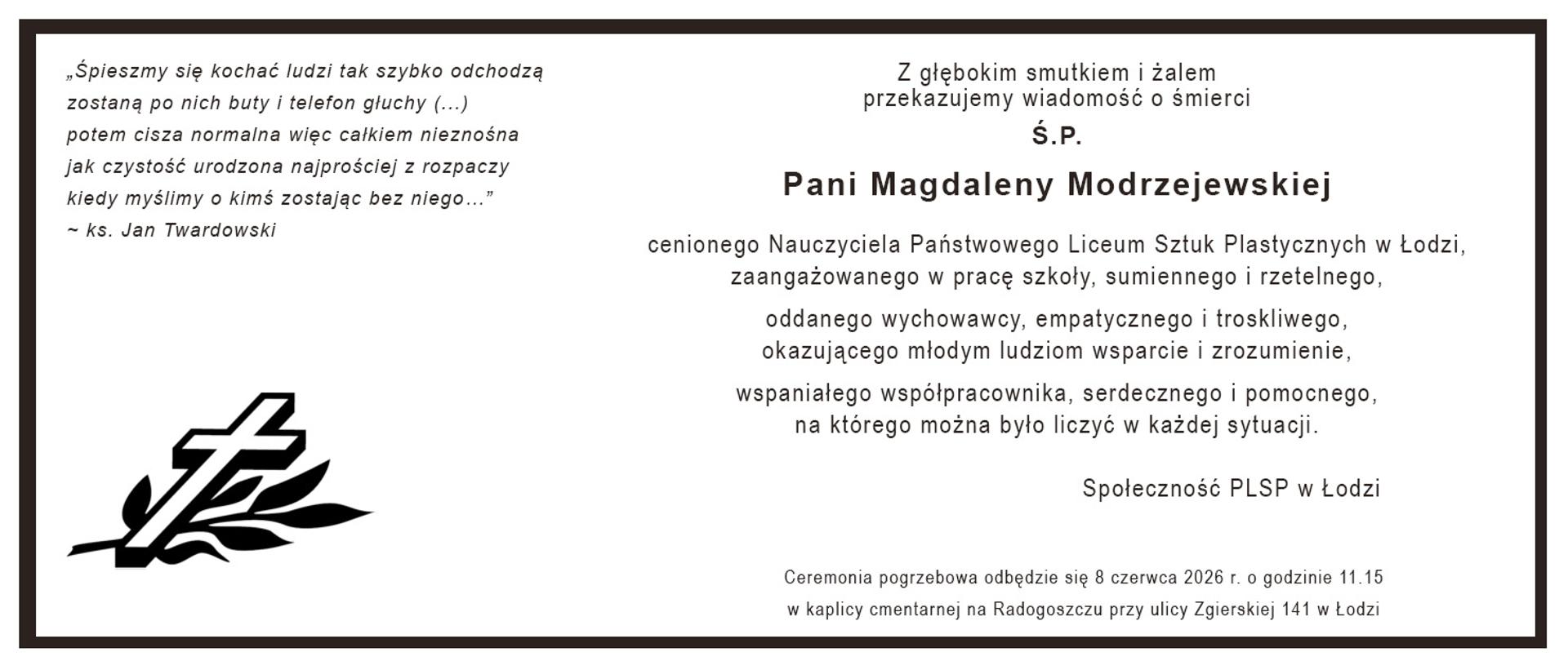 Klepsydra o odejściu pani Magdaleny Modrzejewskiej