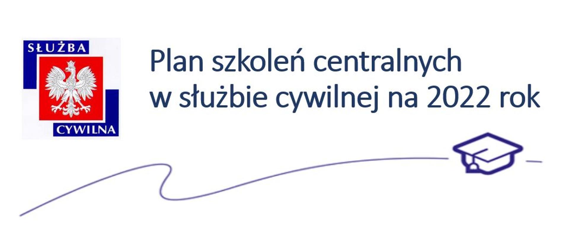 Na obrazku znajduje się po lewej stronie logo służby cywilnej, po prawej napis "Plan szkoleń centralnych w służbie cywilnej na 2022 rok" a pod napisem obrazek czapki akademickiej