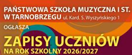 Plakat rekrutacyjny z informacjami dotyczącymi zapisów uczniów do szkoły muzycznej. Napisy na wielobarwnym tle.