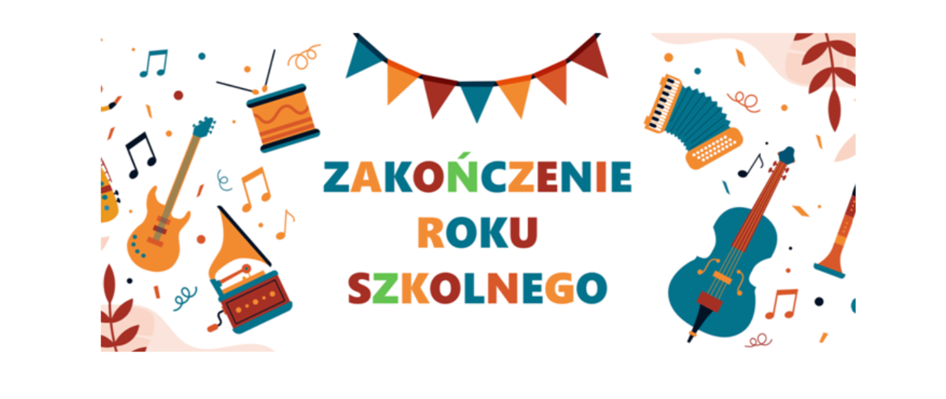 baner na białym tle, wokół baneru instrumenty muzyczne 