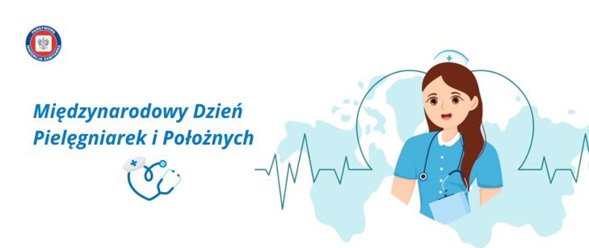 Grafika przedstawia postać kobiety, która jest pielęgniarką. Ma długie brązowe włosy i czepek pielęgniarski, a ubrana jest w turkusowy fartuch. Postać kobiety znajduje się na tle mapy świata, na której również przebiega linia życia. Po lewej stronie znajduje się Niebieski napis Międzynarodowy Dzień Pielęgniarek i Położnych, a w lewym górnym rogu znajduje się okrągłe logo Państwowej Inspekcji Sanitarnej przedstawiające czarnego orła na białym kwadratowym tle, które otoczone jest czerwonym wypełnieniem. Zewnętrzną część logo otacza granatowy okrąg z napisem Państwowa Inspekcja Sanitarna w kolorze białym.