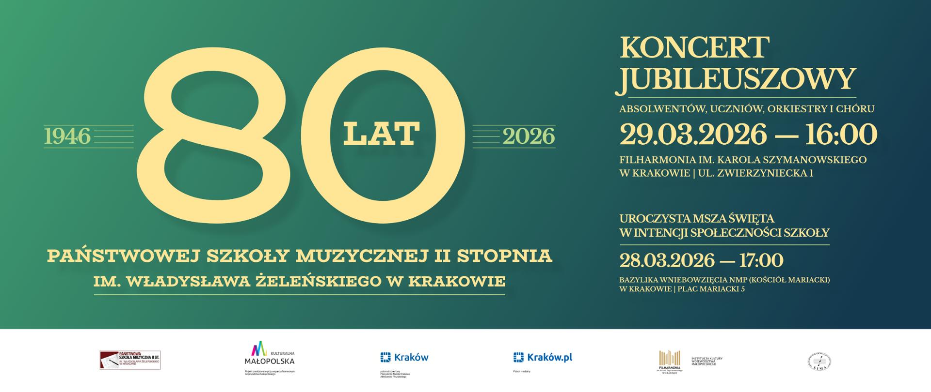 na gradientowym zielonym tle żółte napisy informujące o uroczystościach związanych z jubileuszem