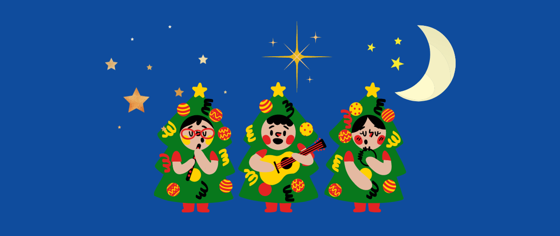 Grafika przedstawiająca troje dzieci przebranych za udekorowane choinki i grających na instrumentach: flet, gitara i tamburyn. Tło granatowe, nad kolędnikami gwiazdy i Księżyc.