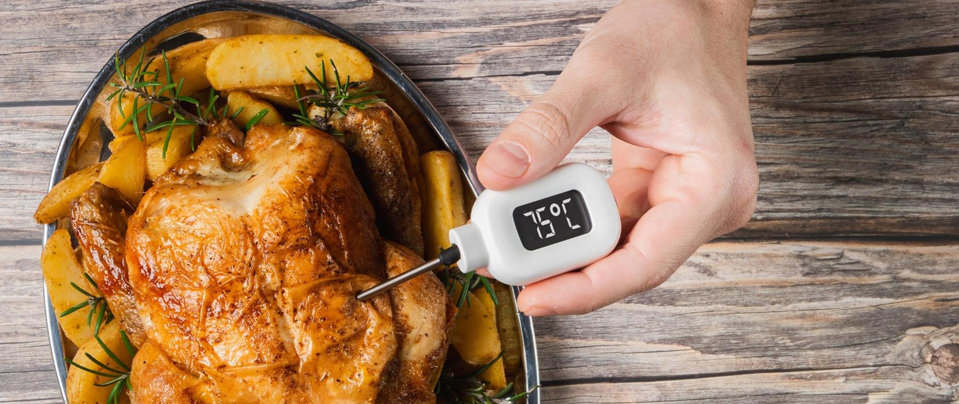 Na grafice jest upieczony kurczak, obok widać dłoń z termometrem. Na grafice widnieją napisy: Kulinarna rozkosz? Twój wybór. Zapobieganie chorobom przenoszonym przez żywność? Nasz priorytet. W prawym dolnym rogu jest logo PIS oraz EFSA.