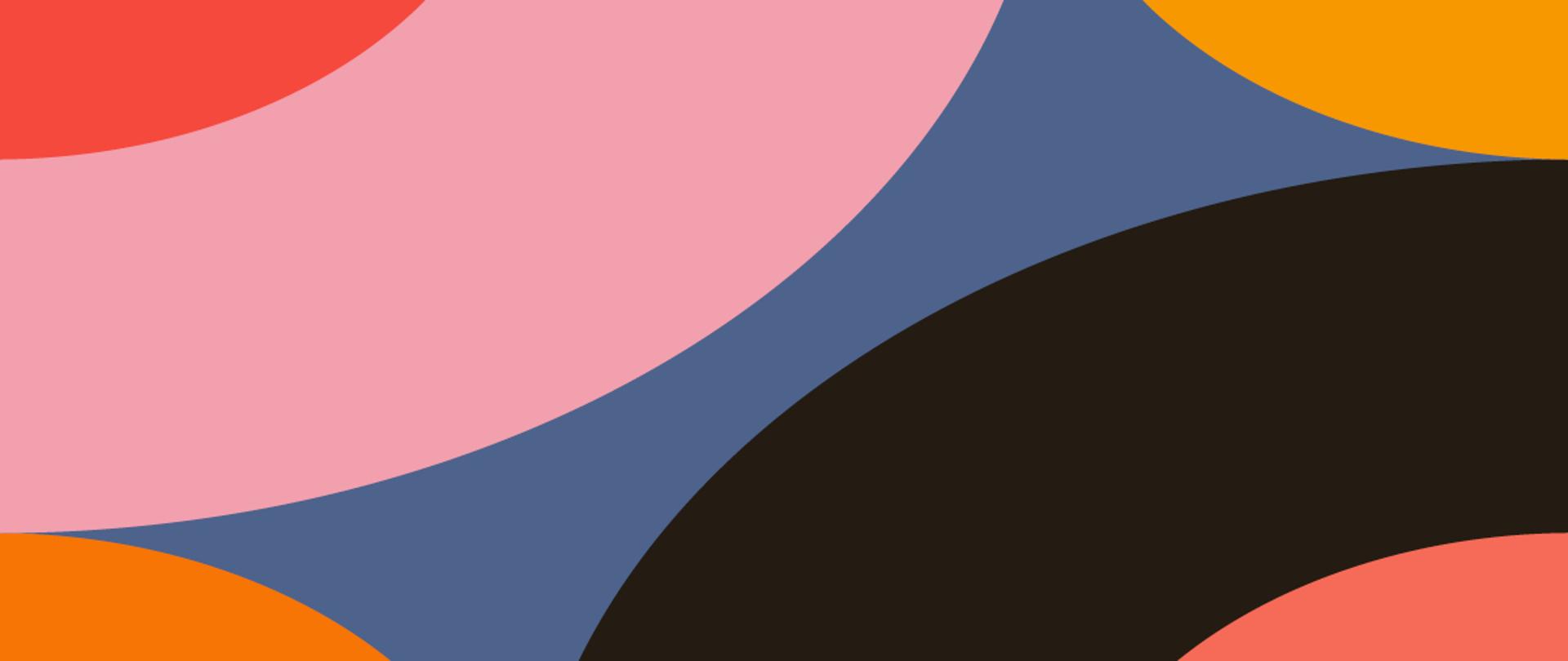 Grafika przedstawiająca różnokolorowe okrągłe kształty w kolorach - czerwony, różowy, niebieski, żółty, pomarańczowy, czarny i łososiowy.