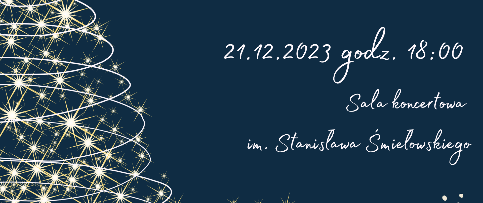 w górnym lewym oraz prawym dolnym rogu gałązka jemioły, w prawym górnym rogu pięciolinia z zapisem biała nutowym, pomiędzy białe logo szkoły, z lewej strony choinka, w centralnej części informacja o wykonawcach, terminie oraz miejscu koncertu, całość na granatowym tle