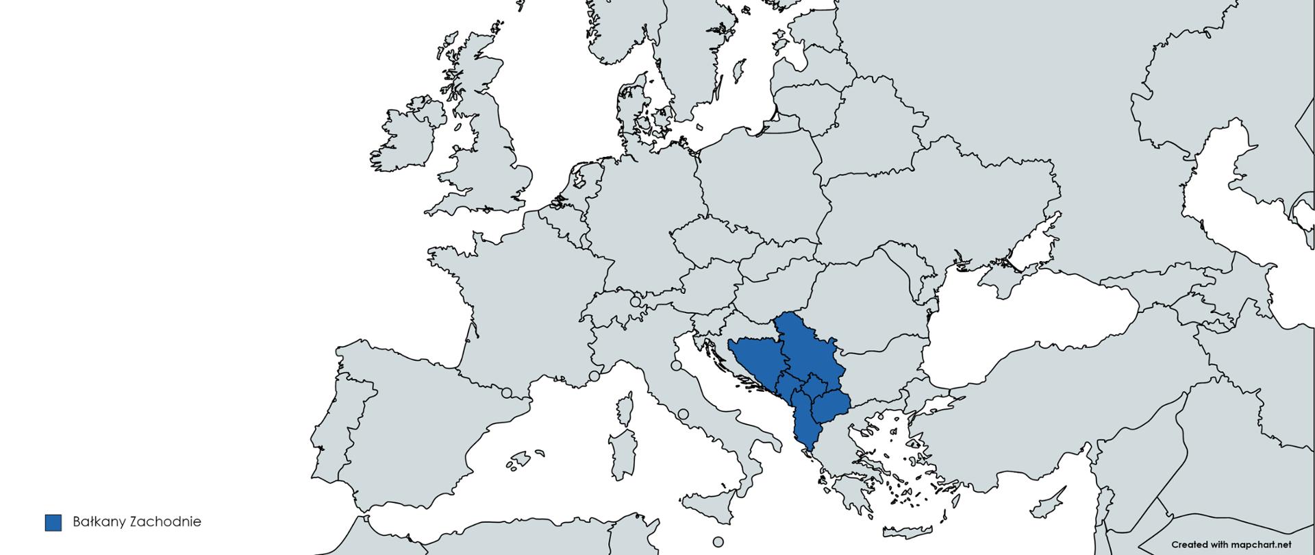 mapa Europy z zaznaczonymi państwami Bałkanów Zachodnich