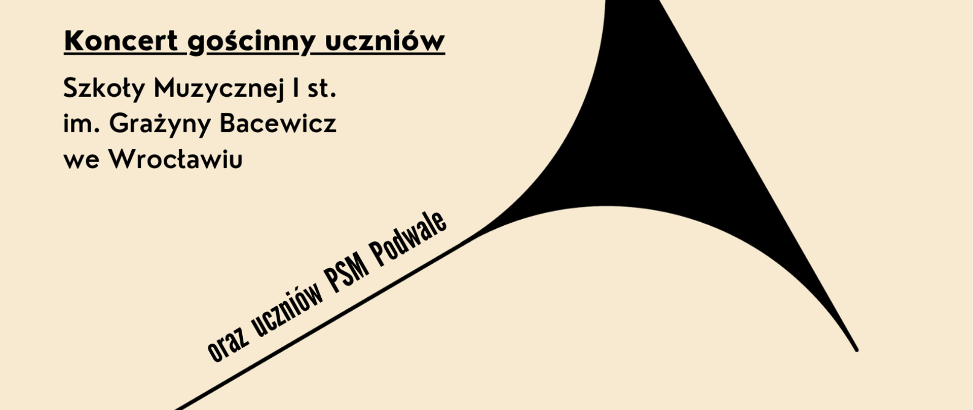 Na beżowym tle czarna grafiki trąbki i tekst w kolorze czarnym "Rondo na Podwalu, gościnny koncert uczniów Szkoły Muzycznej I st. im. Grażyny Bacewicz we Wrocławiu, 23 kwietnia 2026 godz. 18:30, PSM Podwale, Sala Koncertowa". W lewym dolnym rogu loga obu szkół.