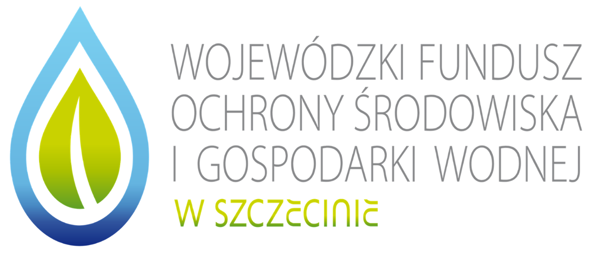 Grafika przedstawia niebiesko-zieloną kropelkę wody po lewej stronie oraz napis "Wojewódzki Fundusz Ochrony Środowiska i Gospodarki Wodnej w Szczecinie". Tło grafiki niebieskie. 