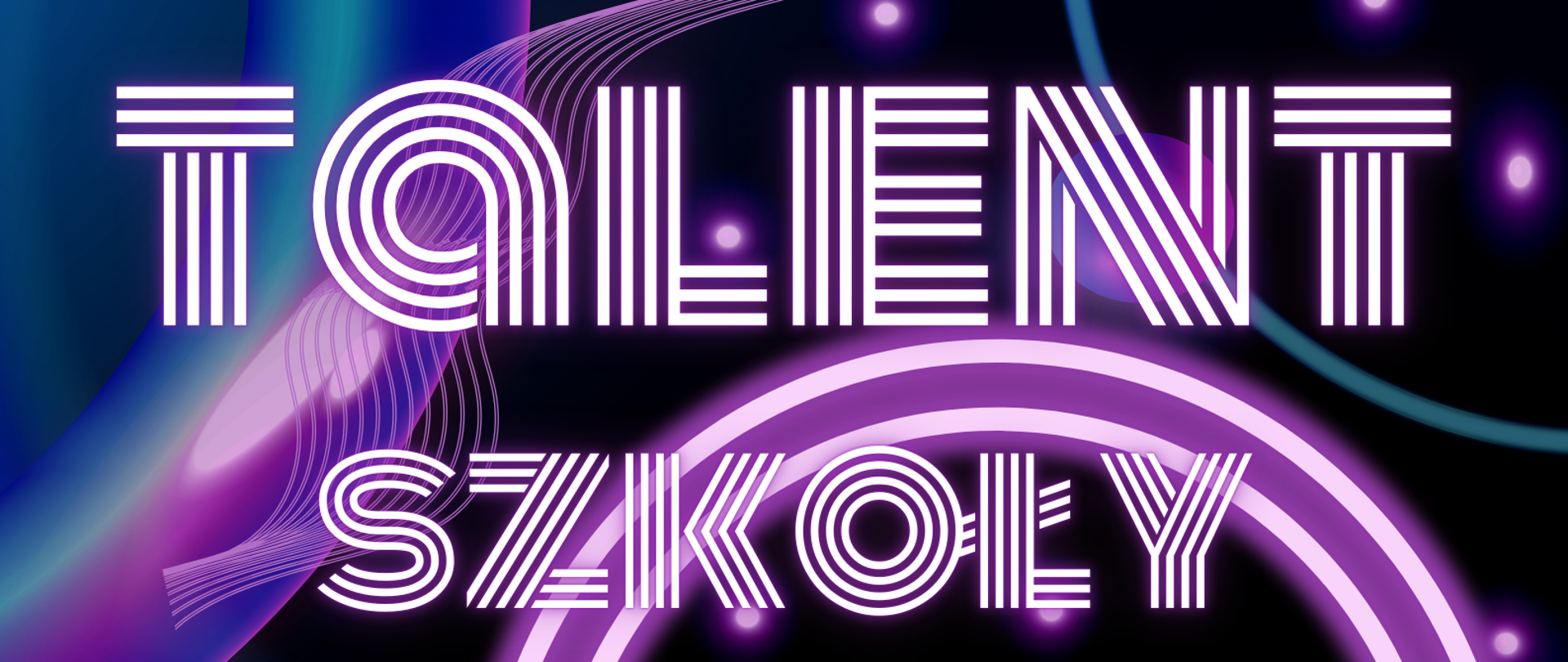 Plakat utrzymany w neonowej, fioletowo-różowo-niebieskiej kolorystyce, z motywami świetlistych linii i okręgów w tle. W centralnej części widnieje duży, stylizowany napis „TALENT SZKOŁY MUZYCZNEJ 2025” oraz informacja „Pod patronatem Prezydenta Miasta Ełku”. Poniżej podano daty: „I ETAP – 16 kwietnia 2025” i „FINAŁ – 12 maja 2025”. U dołu plakatu znajdują się logotypy: Ełckiego Centrum Kultury, Zespołu Państwowych Szkół Muzycznych w Ełku oraz herb Miasta Ełku. Całość utrzymana jest w dynamicznym, nowoczesnym stylu, podkreślającym charakter wydarzenia.