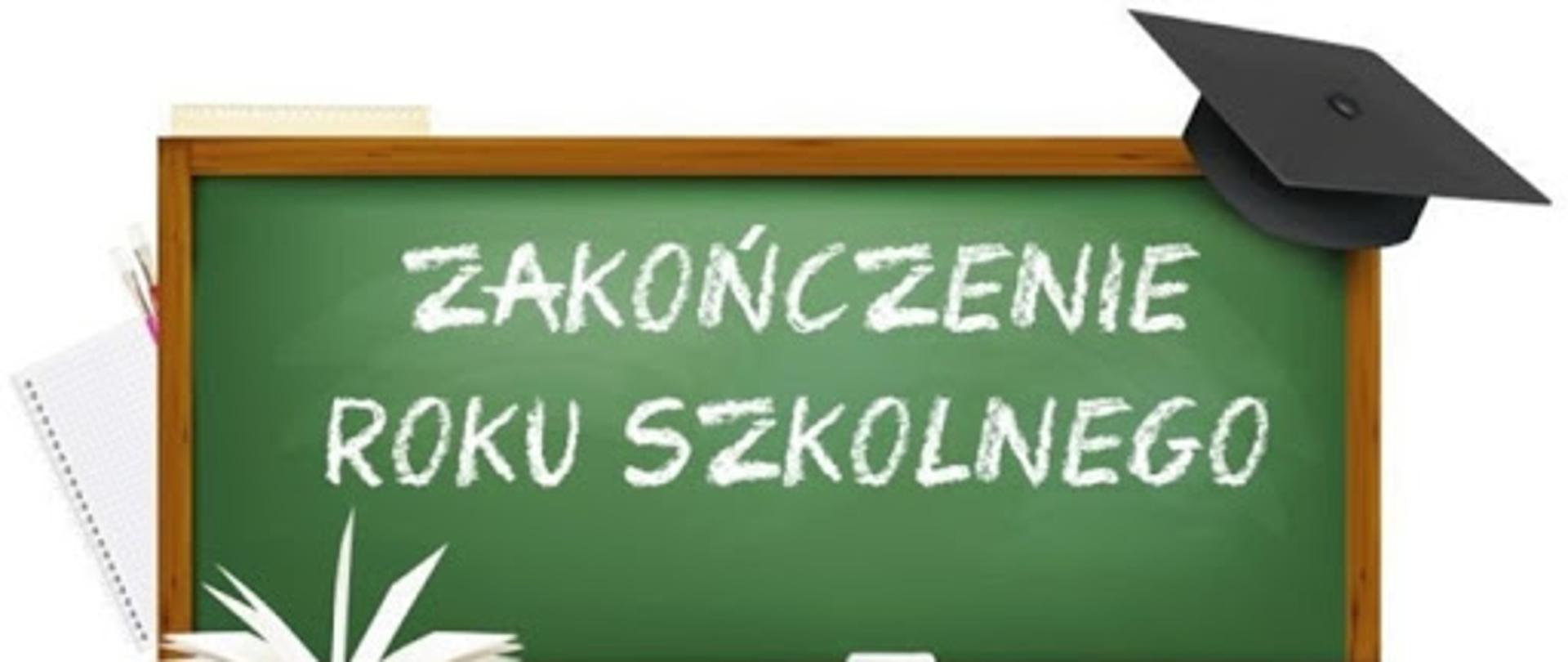 Tekst "Zakończenie roku szkolnego" na zielonej tablicy. 
