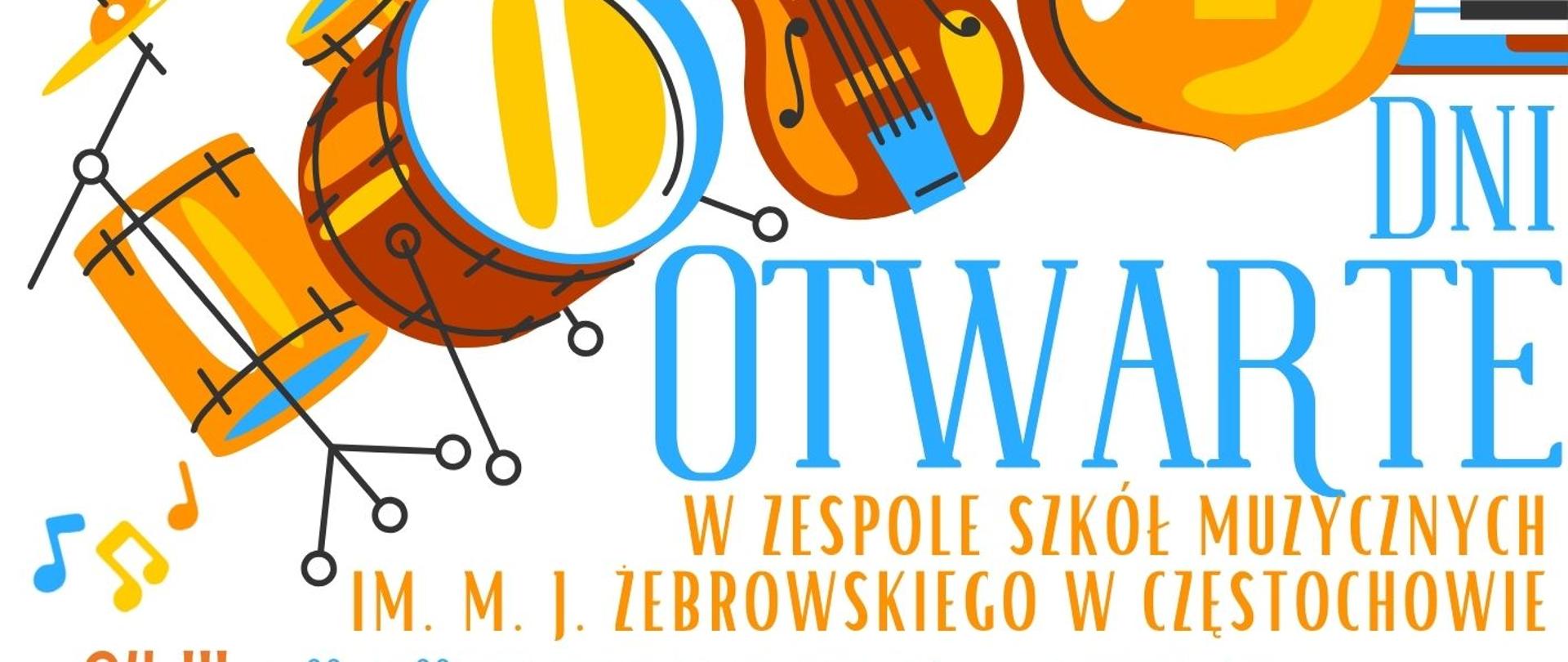 Białe tło, grafika instrumentów, tekst dotyczący harmonogramu Dni Otwartych 24 i 25 marca 2026 r. 