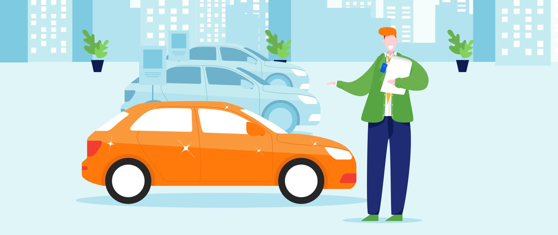 Grafika wektorowa. Na obrazku widzimy uśmiechniętego sprzedawcę samochodów. Ma rude włosy, granatowe spodnie i zieloną marynarkę. Na szyi ma identyfikator. Stoi obok lśniącego, pomarańczowego samochodu osobowego. Za nim, widoczne są inne nowe samochody. Z tyłu, za samochodami, widać rośliny doniczkowe i budynki mieszkalne. 