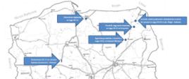 Zdjęcie przedstawia mapę Polski z zaznaczonymi inwestycjami mającymi na celu poprawę bezpieczeństwa ruchu przy drogach krajowych.