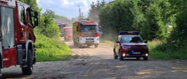 Na zdjęciu przejazd alarmowy plutonu gaśniczego do miejsca pożaru. Widocznych jest pięć samochodów strażackich, jadących polną drogą.