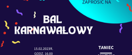 Napis "Bal karnawałowy" na granatowym tle z rysunkiem konfetti po lewej stronie