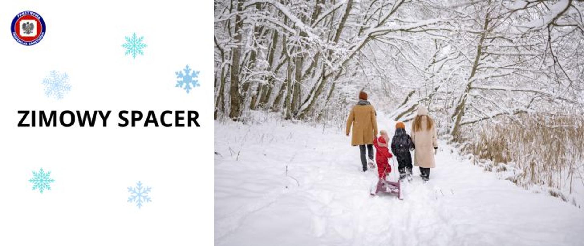 Po prawej stronie rodzina idzie na zimowy spacer w lesie, widać ich plecy, wokół pełno śniegu, najmłodsze dziecko ciągnie sanki, z lewej ciemny napis na jasnym tle ze śnieżynkami - Zimowy spacer. W lewym górnym rogu logo Państwowej Inspekcji Sanitarnej.
