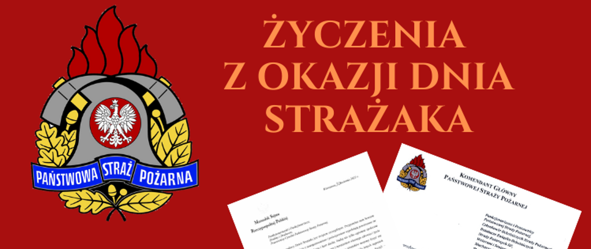 Baner z logo PSP i napisem Życzenia z okazji Dnia Strażaka