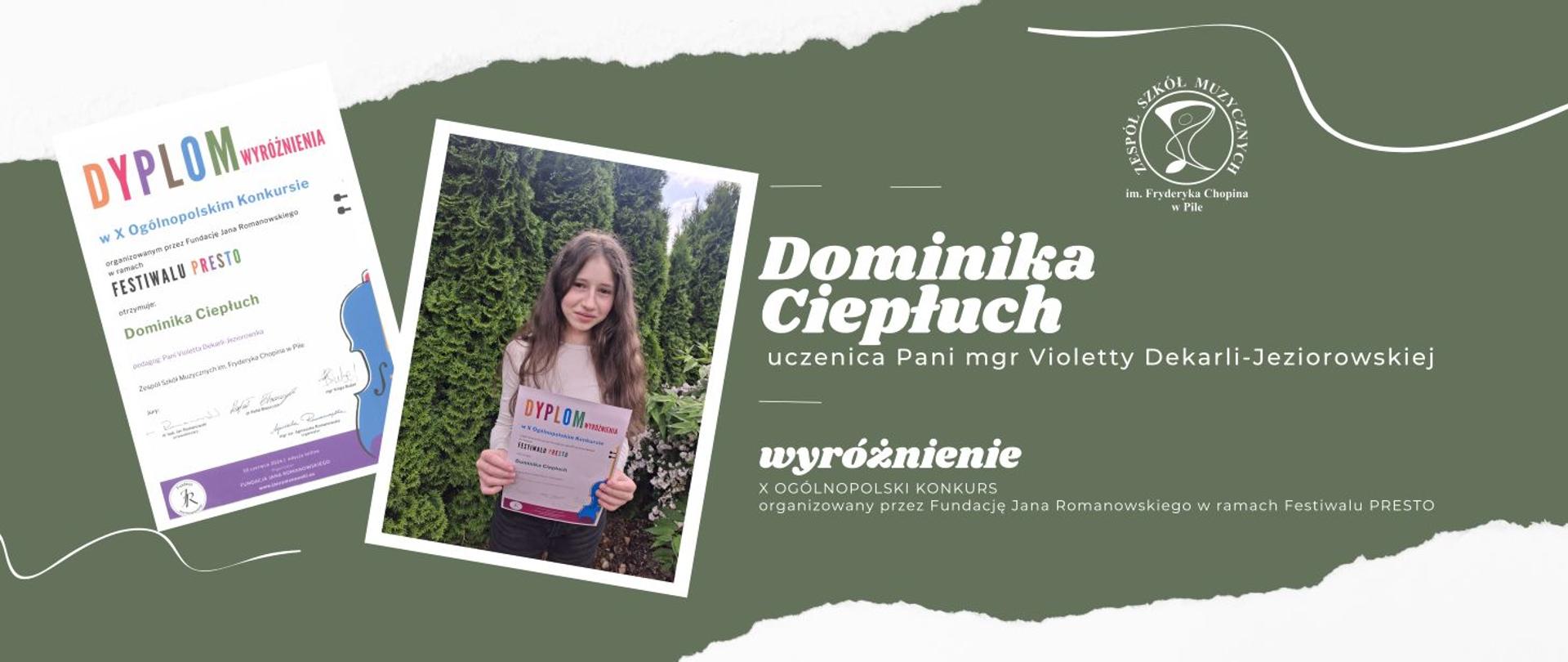 Na zielonym tle dwa zdjęcia na pierwszym kolorowy dyplom a na drugim dziewczynka w rozpuszczonych ciemnych włosach, w dłoniach przed sobą trzyma kolorowy dyplom.