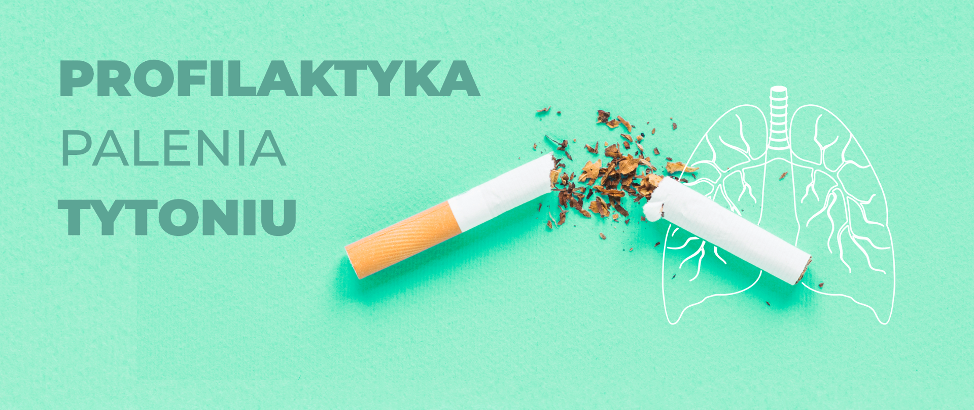 Złamany na pół papieros, z tyłu zarys płuc, po lewej stronie napis profilaktyka palenia tytoniu 