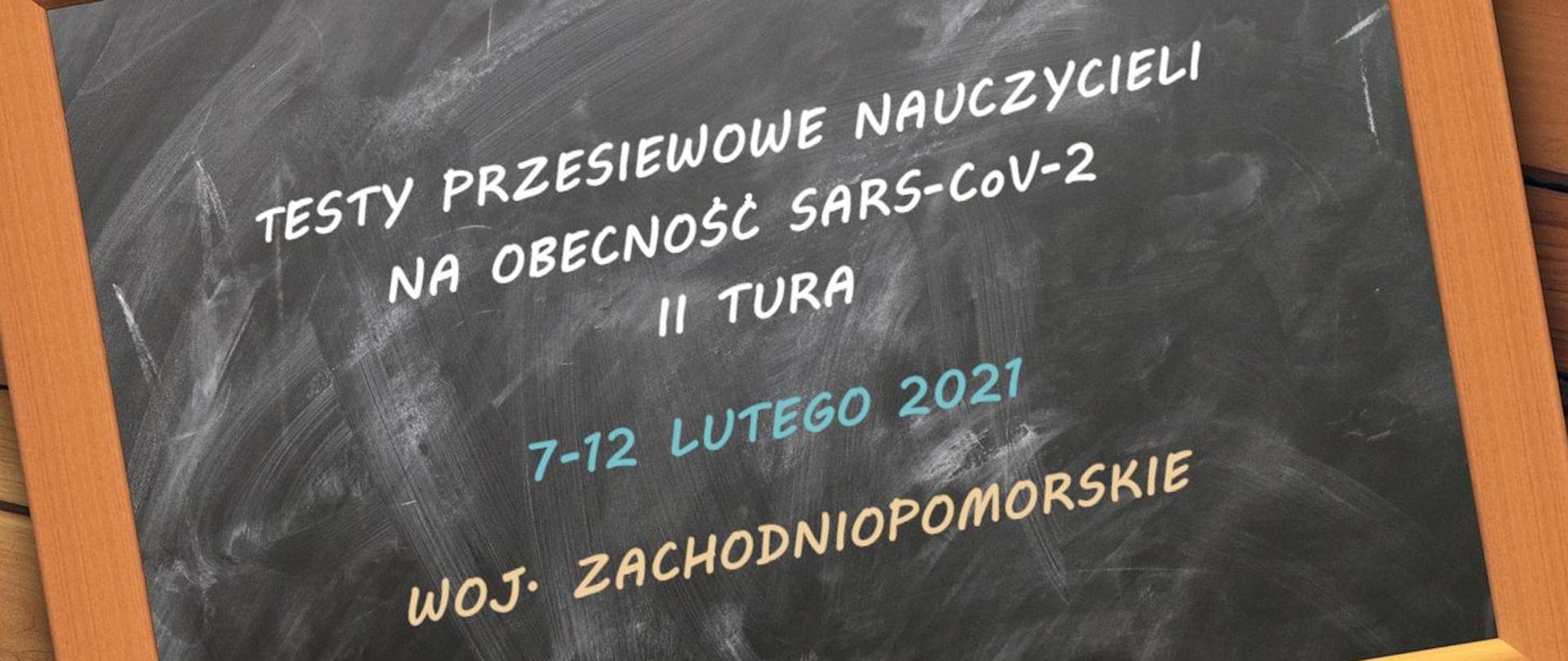 Grafika, na której widoczny jest napis testy przesiewowe nauczycieli na obecność SARS-COV-2 II tura