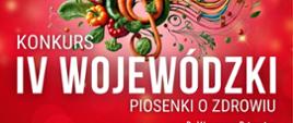 Plakat na czerwonym tle najważniejsza treść to: IV WOJEWODZKI KONKURS PIOSENKI O ZDROWIU
14 kwietnia godz. 10:00
ZGŁOSZENIA DO 24 MARCA 2026 R.
Państwowa Szkoła Muzyczna I stopnia im. F. Chopina w Skierniewicach
Pod Honorowym Patronatem Marszałka Województwa Łódzkiego Łódzkiego Kuratora Oświaty
www.cresk.edu.pl/4-konkurs

